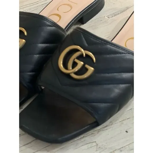 Gucci Marmont Women's Black Quilted Leather Slide Sandals Logo GG Size 39 - Picture 7 of 15